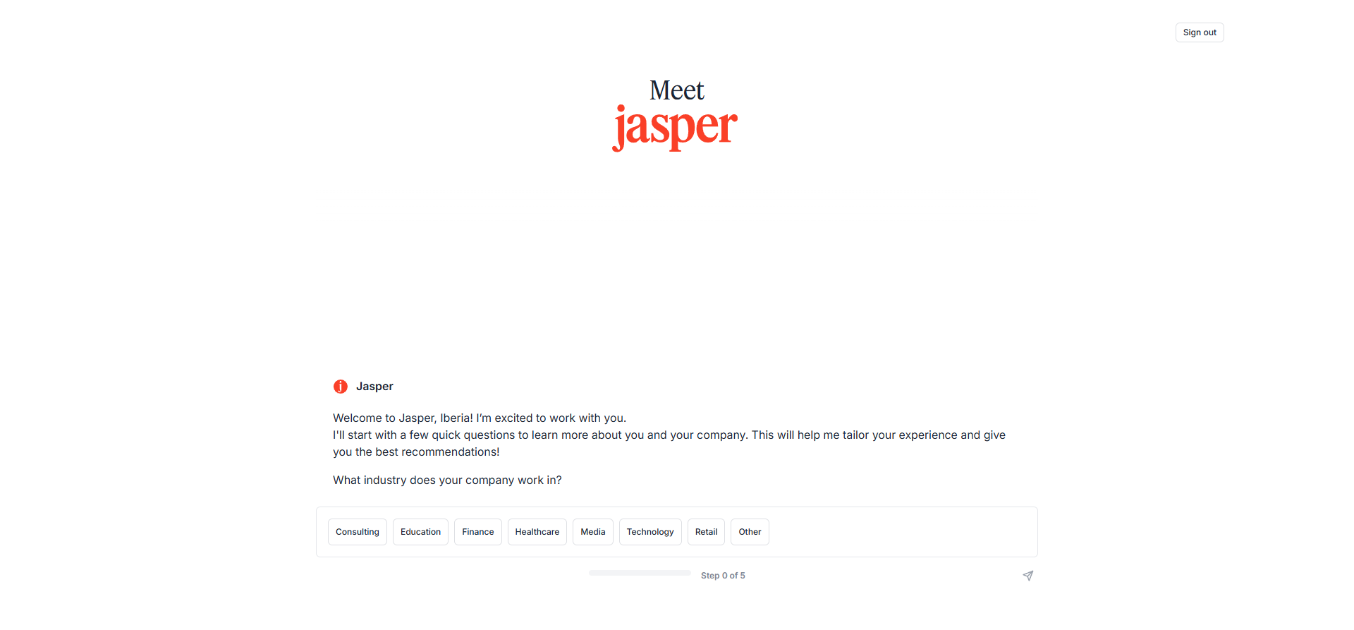 Onboarding de Jasper preguntando la industria del usuario