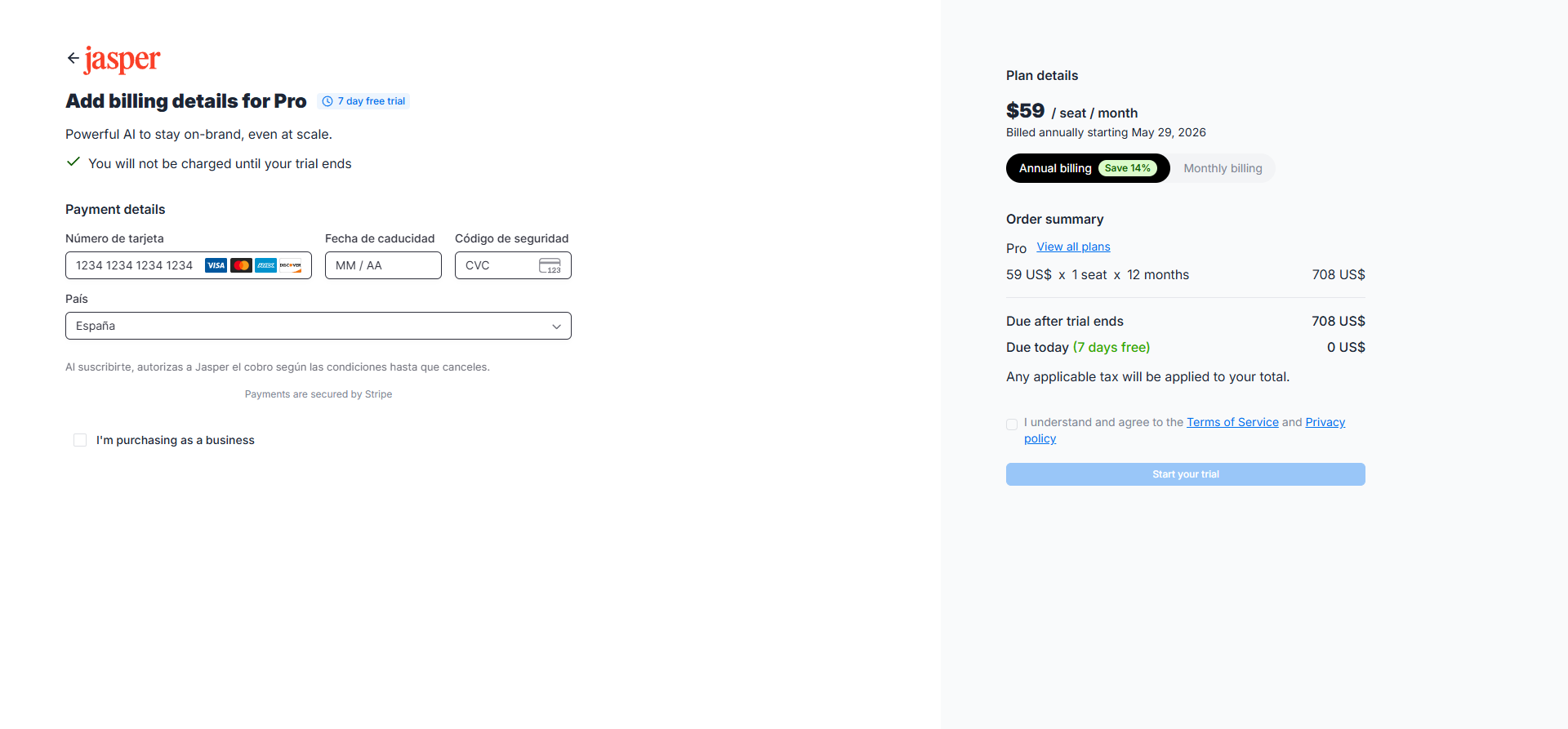 Checkout de Jasper pidiendo datos de tarjeta Stripe antes del trial gratis
