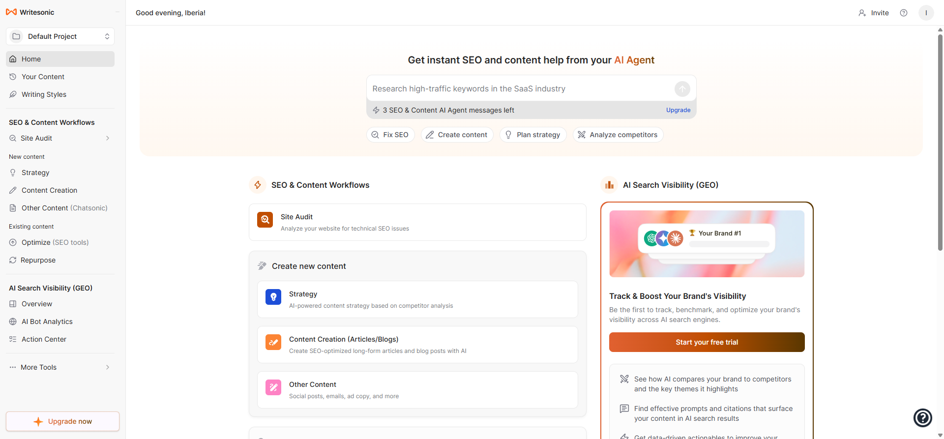 Dashboard real del panel de Writesonic tras registrarse