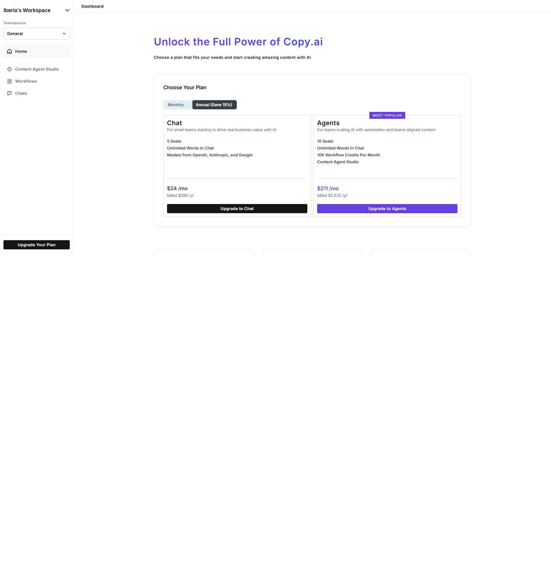 Dashboard real del panel de Copy.ai tras registrarse