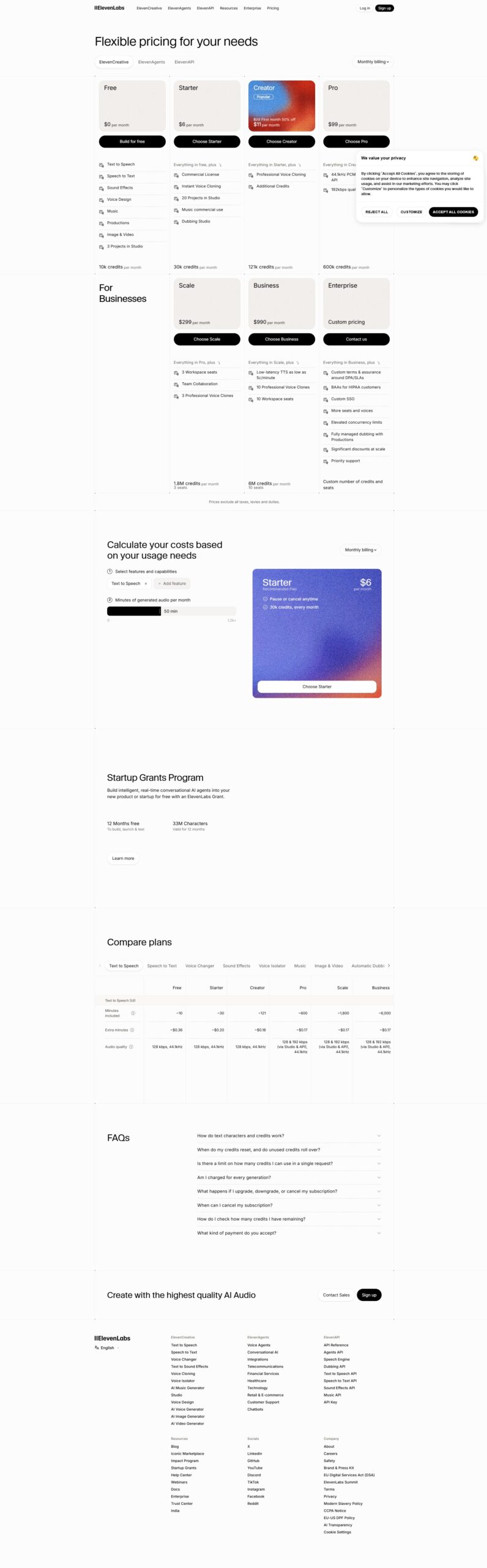 Tabla completa de planes y precios de ElevenLabs 2026