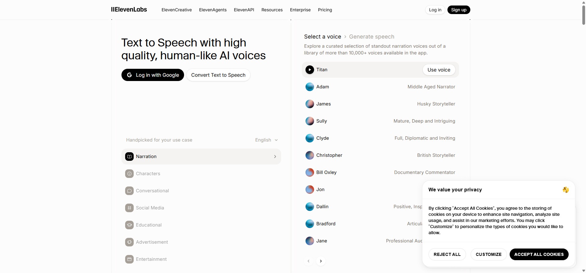 Interfaz Text to Speech de ElevenLabs con biblioteca de voces narradoras