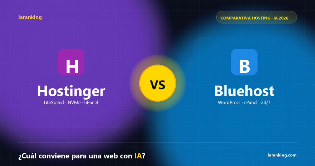 Comparativa Hostinger vs Bluehost 2026 para web con IA