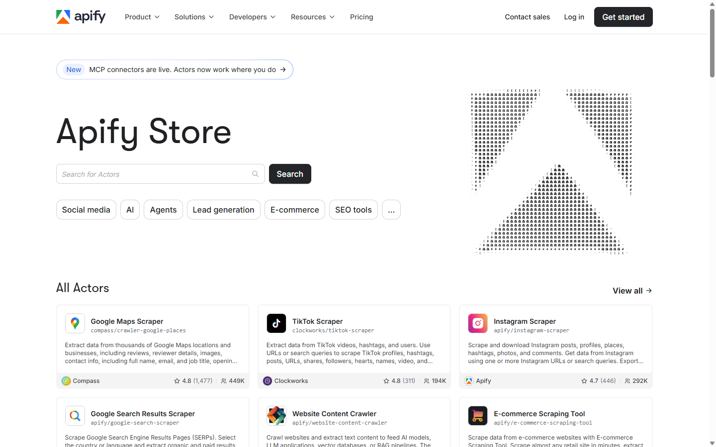 El Store de Apify con sus categorías y robots listos para usar