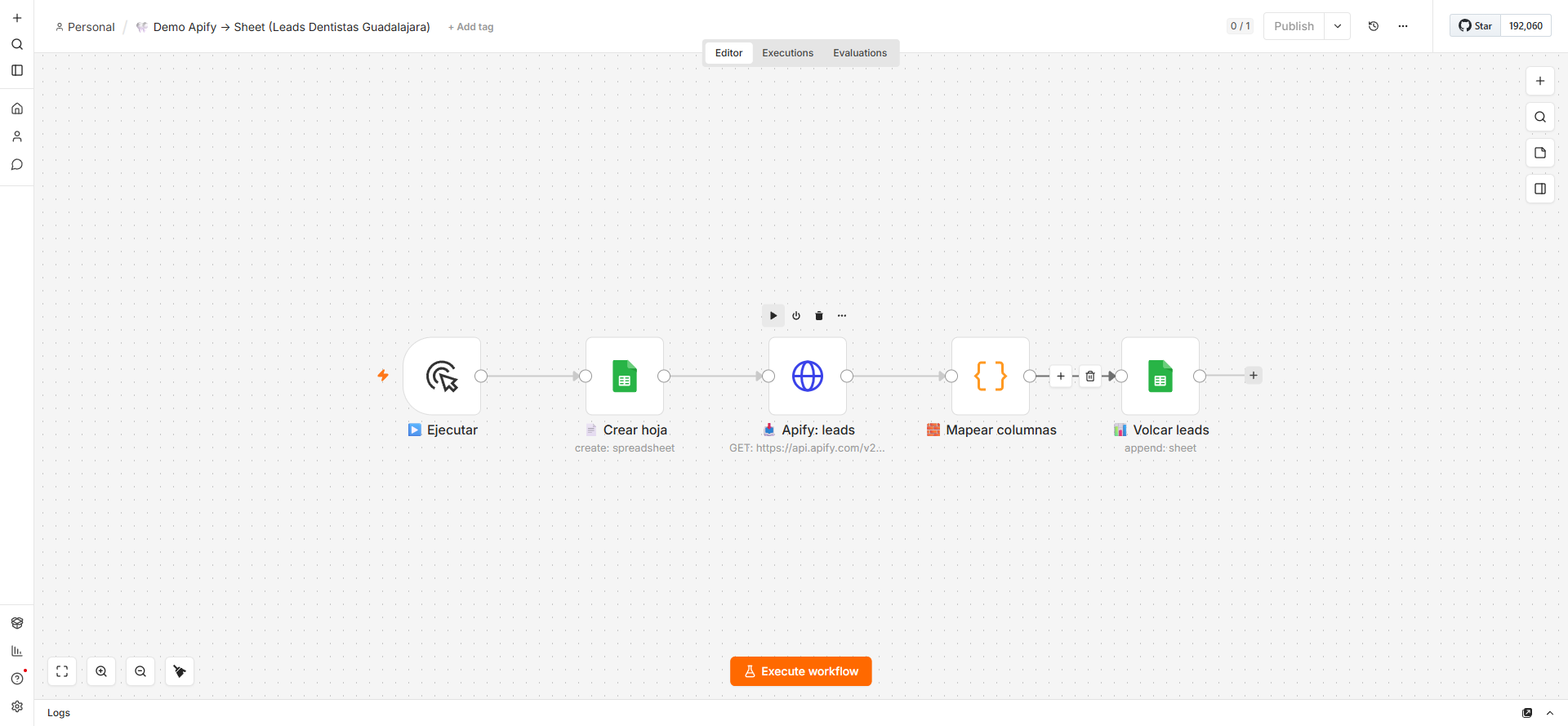 Flujo en n8n: Ejecutar, crear hoja, Apify, mapear, volcar
