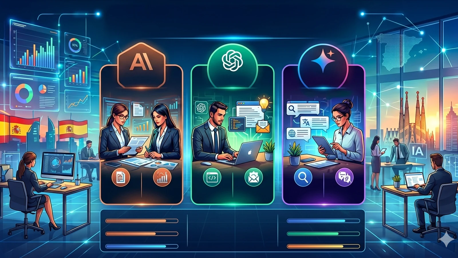 Cómo Claude, ChatGPT y Gemini se comparan para tareas profesionales en español — iaranking