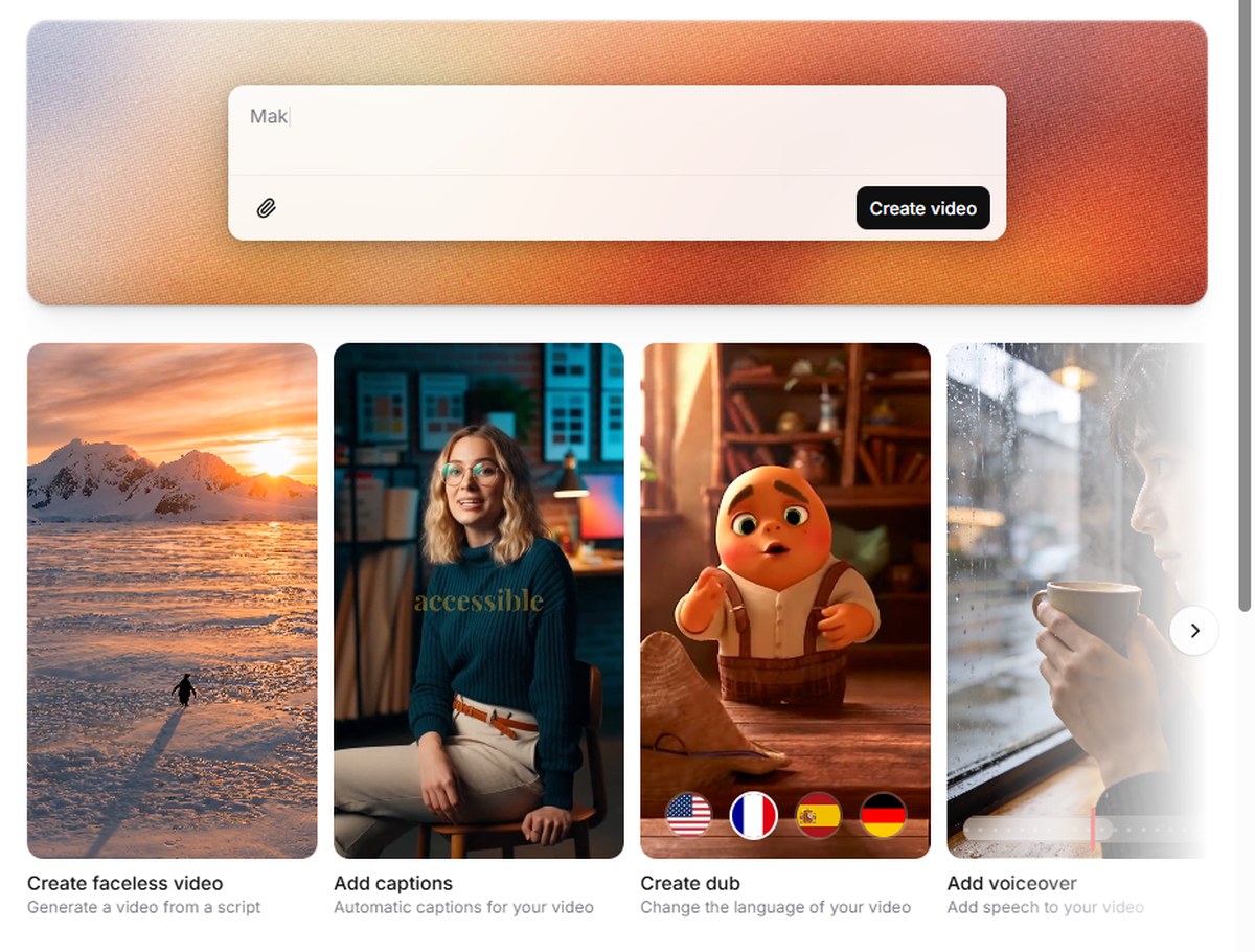 Interfaz de ElevenLabs Studio: crear vídeo, doblaje en español, subtítulos y locución con IA